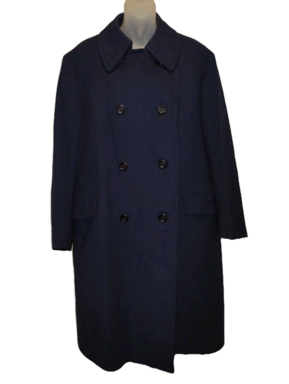 Vintage Mens Danish Wool Double Breasted Overcoat Navy Scandinavian Hobson XL
